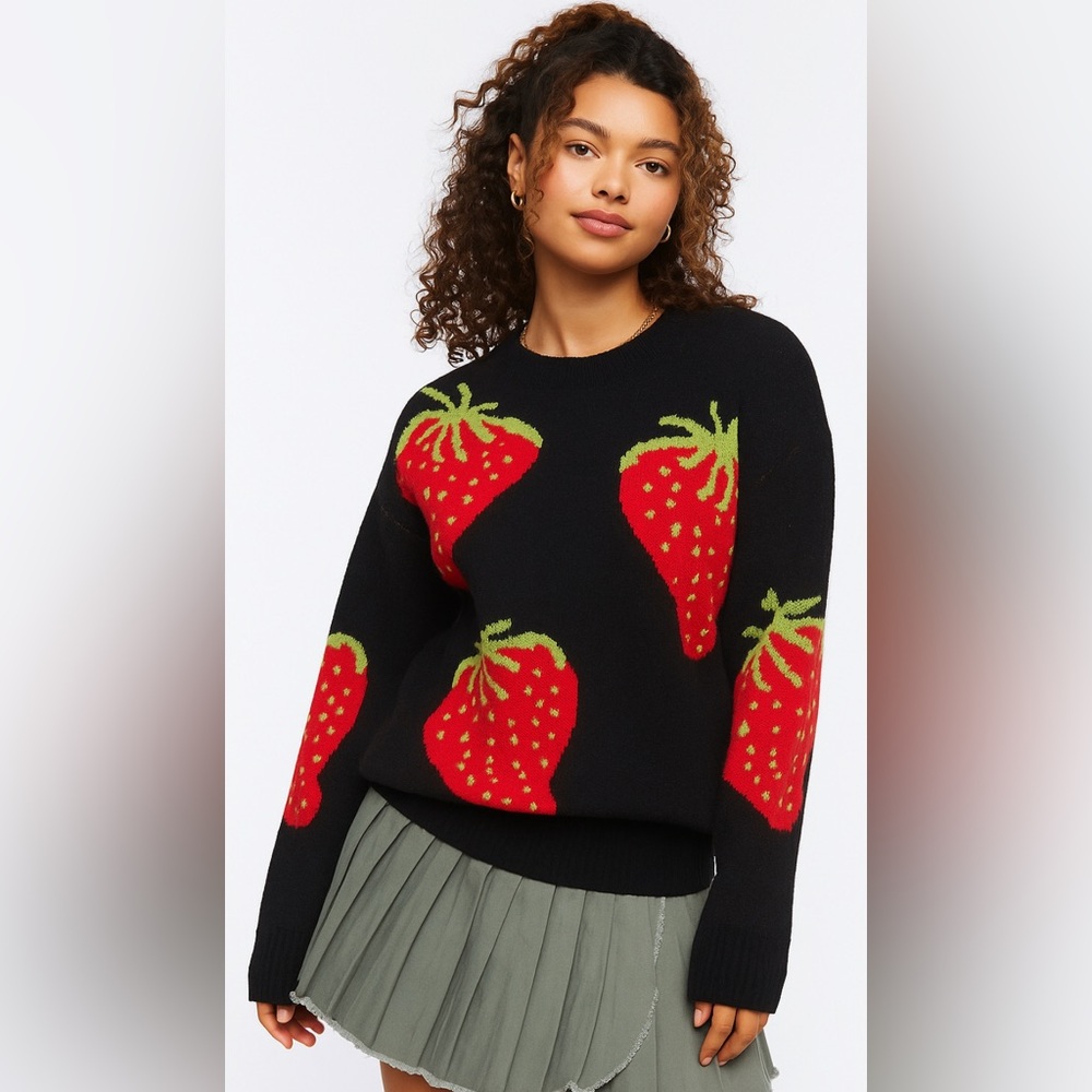 Forever 21 Strawberry Graphic Oversized‎ Sweater Black/Red XS 🍓 Cozy Cute